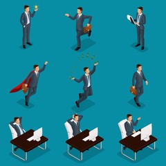 Trendy isometric vector people, 3d businessmen jumping, running, idea, joy, business scene, connected to a young businessman isolated on a bright blue background