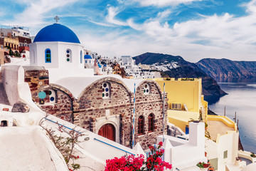 Church in Oia, Santorini island in Greece, on a sunny day.