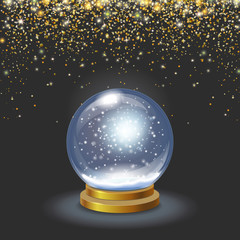 Fototapeta na wymiar Christmas snow globe on black background falling gold glittering confetti Vector 3d illustration