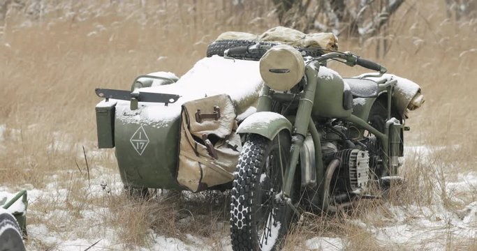 Abandoned Russian Soviet Vehicle Of World War II. Russian Soviet Tricar Three-wheeled Motorcycle In Winter Snowy Day