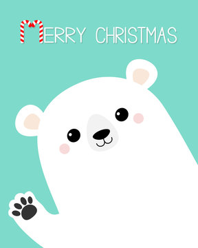 Merry Christmas. White polar bear waving hand paw print. Cute cartoon funny kawaii baby character. Happy New Year. Greeting Card. Flat design. Blue background. Greeting card.