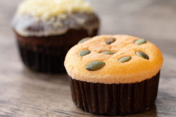 Mamon cake or cupcake on wooden desk background