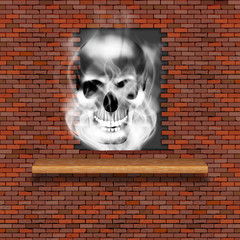 The skull in the break of the brick wall from the smoke flies.