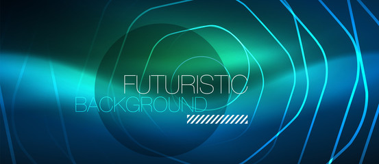 Neon glowing lines, magic energy space blue light concept, abstract background wallpaper design