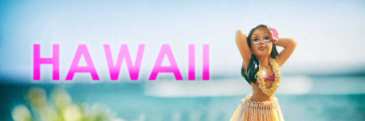 Hawaii hula dancer doll vintage toy retro souvenir icon. Banner with beach ocean background for Hawaii title poster.