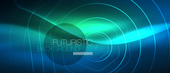 Neon glowing lines, magic energy space blue light concept, abstract background wallpaper design