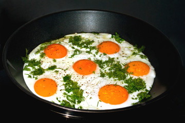 Fried eggs in a skillet.