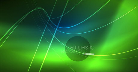 Neon glowing magic background, neon banner, night sky wallpaper. Magic light effect. Christmas abstract pattern.