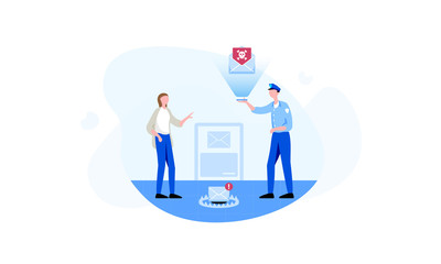 The policeman attempts to identify phishing content contained in the woman's e-mail. Colorful vector illustration for web ob blue background.