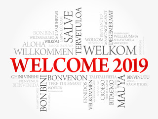 WELCOME 2019 word cloud in different languages, conceptual background