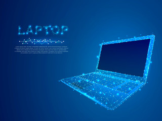 Laptop. Low poly model of a notebook. Neon style. Connection with wireframe. Internet or digital devices and computer keyboard and monitor for text or image. Vector on dark blue background