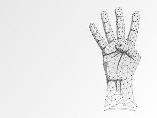 Origami style Sign language number four gesture, human hand showing four fingers. Polygonal low poly illustration. Deaf People silent communication alphabet. Wireframe Raster 4 on white background