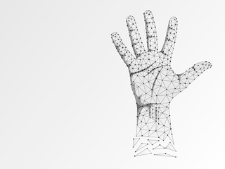 Origami style Sign language number five gesture, human hand showing five fingers. Polygonal low poly high five, succes teamwork. Deaf People silent communication alphabet. Wireframe Raster 5 on white