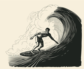 surfer and big wave. engraving style. vector illustration. - obrazy, fototapety, plakaty