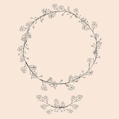 A wreath of branches with leaves and bouquet. Openwork black and white river vector drawing. Isolated vintage illustration.