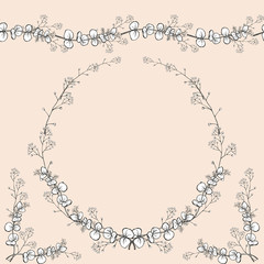 Set of seamless horizontal ornament, vintage openwork wreath at the corner decors. Openwork black and white handmade vector isolated drawing.