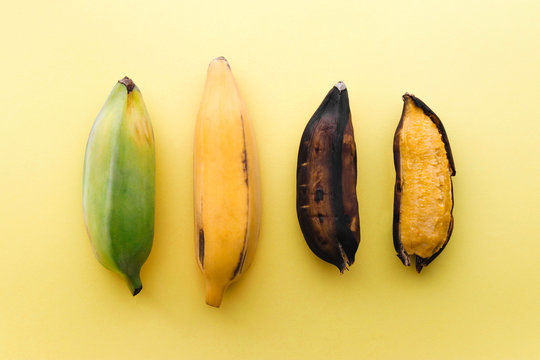 Silver bluggoe bananas on a pastel yellow background, green, yellow and black bananas arranged in a row, flat lay healthy food concept