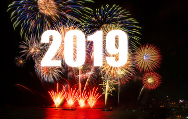 Colorful of fireworks in Happy New Year 2019 holiday festival