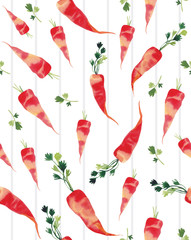  Pattern of carrots on a white background with striped, watercolor illustration.