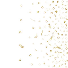 Memphis style geometric confetti vector background of triangle circle square shapes, chevron wavy lines.