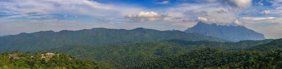 Panoramic mountains of Doi Luang Chiang Dao  and village in forest at Chiang Mai, Thailand.