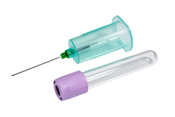 Vacutainer for blood collection with vacuum test tube on white background
