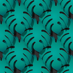 Fototapeta na wymiar Vector trendy, fashionable seamless pattern. Big green exotic tropical palm leaves on a black background
