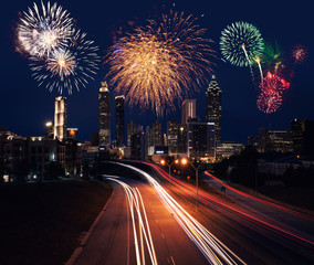 Fireworks over Atlanta city night skyline, Georgia, USA