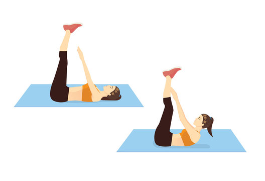 Woman doing Toe Touch Crunches Exercise in 2 step for guide