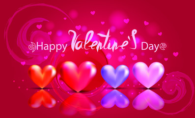 Bright greeting card for Valentine's Day. Four glantsevyh hearts with reflection on a red background.Vector.