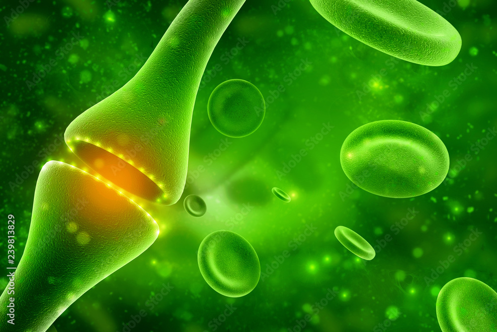 Poster synapse and neuron cells sending electrical chemical signals. 3d rendering