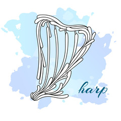 Musical instruments pattern with curls. Icon harp