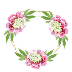 Pink peony watercolor background illustration set. Watercolour drawing fashion aquarelle isolated. Frame border ornament square.