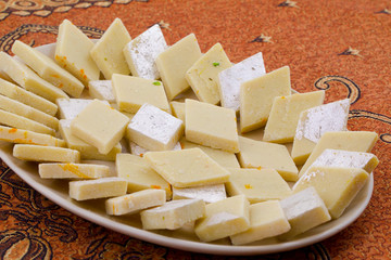 Fototapeta premium Indian Special Sweet Food Kaju Katli Also Called Kaju Barfi or Kesar Kaju Katli is an all Time Favorite Traditional Mithai