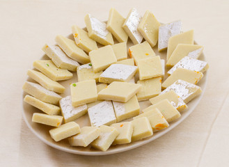Indian Special Sweet Food Kaju Katli Also Called Kaju Barfi or Kesar Kaju Katli is an all Time Favorite Traditional Mithai