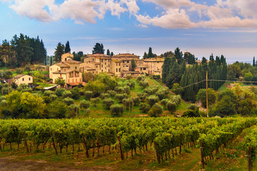 View on Fonterutoli on sunrise. It is hamlet of Castellina in Chianti in province of Siena....