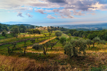 Fototapeta na wymiar View on Fonterutoli on sunrise. It is hamlet of Castellina in Chianti in province of Siena. Tuscany. Italy.