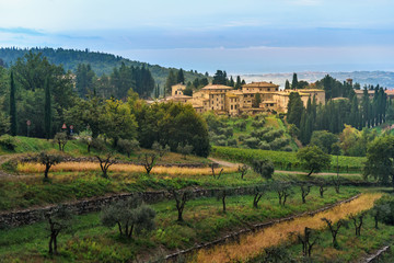 View on Fonterutoli on sunrise. It is hamlet of Castellina in Chianti in province of Siena....
