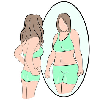 slim girl looks in the mirror and sees himself fat. vector illustration.