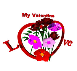 My Valentine love 3D illustration. Symbolic, seasonal valantine's day greeting card, heart shape, flowers, roses, isolated on white. Collection.