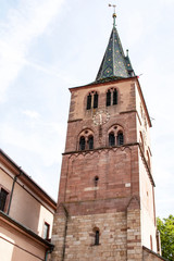 Fototapeta na wymiar Turckheim. Clocher de l'église Sainte Anne. Alsace. Haut Rhin. Grand Est