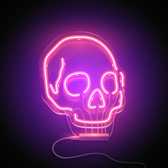 Neon sign. Retro neon Skull signboard on purple background. Design element. Ready for your design. Vector illustration.