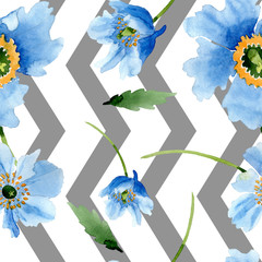 Blue Poppy. Floral botanical flower. Seamless background pattern. Fabric wallpaper print texture.