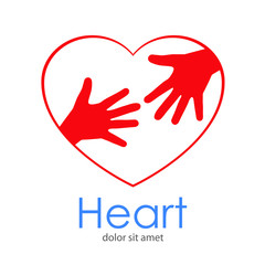 Obraz premium Logotipo abstracto con texto HEART con dos manos en corazón lineal en color rojo