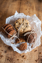 Various shortbread, oat cookies, chocolate chip biscuit.