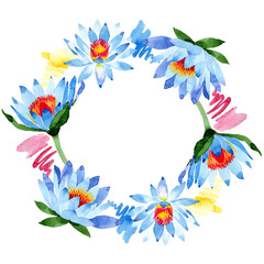 Fototapeta na wymiar Blue lotus. Floral botanical flower. Frame border ornament square. Watercolor background illustration set.
