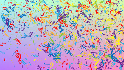 Disco Background. Many Random Falling Notes, Bass and, Treble Clef. Colorful Musical Notes Symbol Falling on Hologram Background. Disco Vector Template with Musical Symbols.