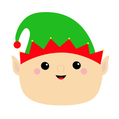 Santa Claus Elf round face head icon. Green hat. Merry Christmas. New Year. Cute cartoon funny kawaii baby character. Greeting card. Flat design White background.
