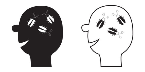 Human face icon set. Black line silhouette. Cockroach bugs in the head inside brain. Thinking process. Flat design. White background. Isolated.