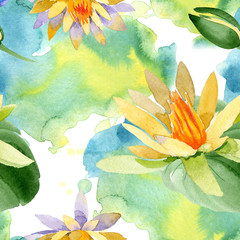 Fototapeta na wymiar Yellow lotus. Floral botanical flower. Watercolor background illustration set. Seamless background pattern.